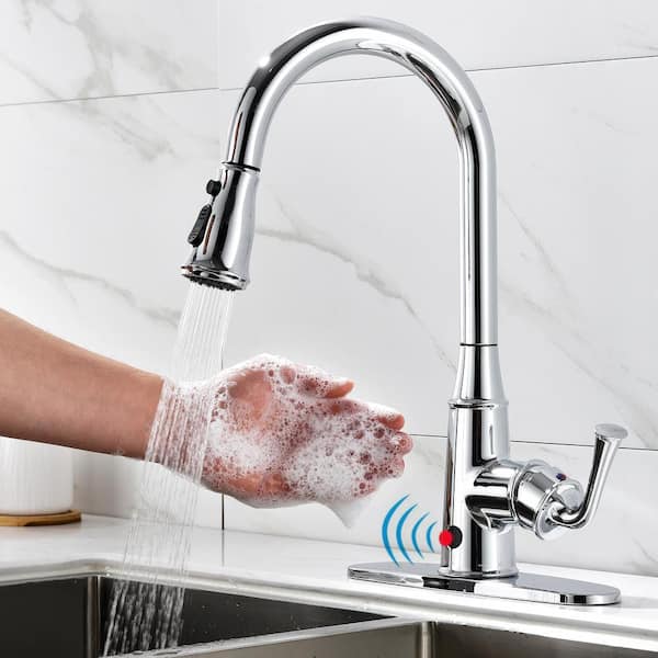 ruiling Touchless activated Single Handle Kitchen Faucet with Sprayer in Brushed nickel