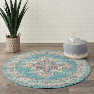 Passion Light Blue 5 ft. x 5 ft. Persian Modern Transitional Round Area Rug