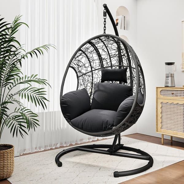 Wicker Outdoor Egg Chair Recliner Lounge Gray Wicker with black Cushion