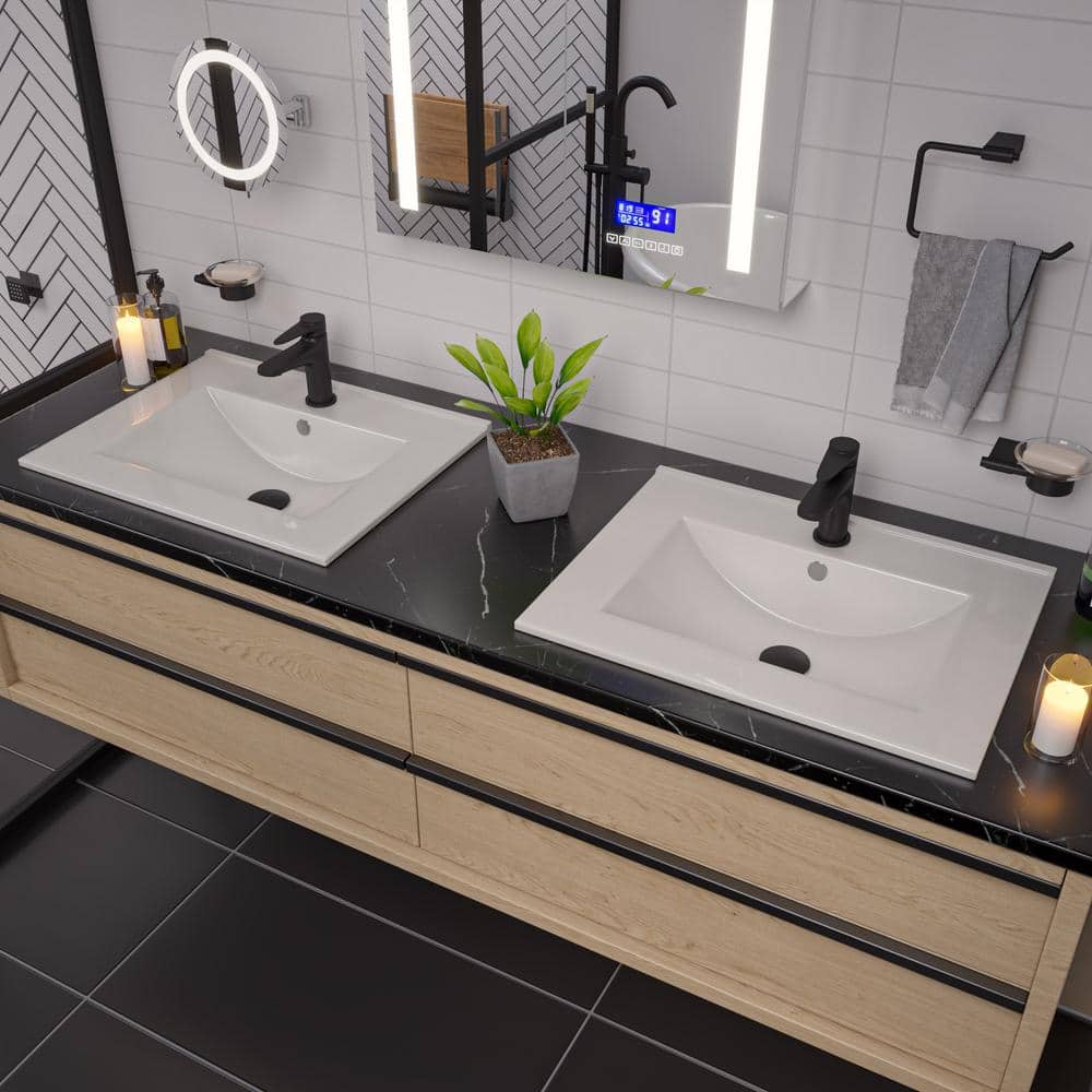 White Ceramic Rectangular Drop-In Bathroom Sink with Overflow