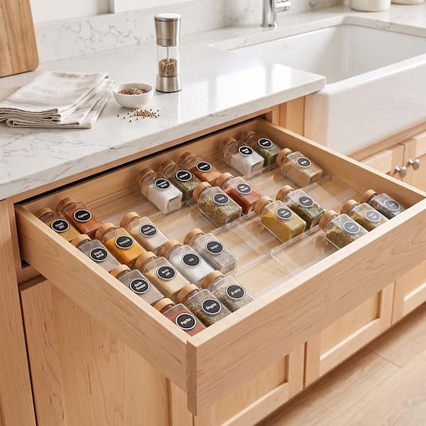 Clear 8-Pack Expandable Acrylic Spice Drawer Organizer, 13 to 26 in. with Anti-Slip Mat, Holds Up to 56 Jars