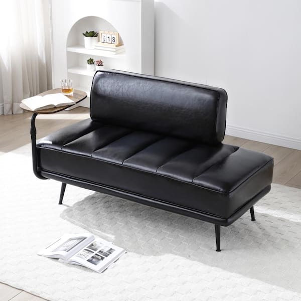 55 in Modern Black Faux Leather Upholstered Sofa Couch with 360-Degree Swivel Tray and Metal Legs for Bedroom