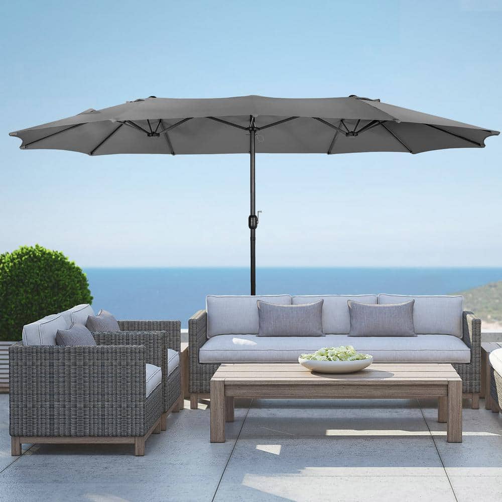 Gray 15' x 9' Double-Sided Outdoor Patio Umbrella with Hand-Crank Lift