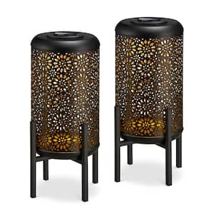 14.25 in. H Black and Gold Metal Cutout Flower Pattern Solar Powered LED Outdoor Lantern with Stand (set of 2)