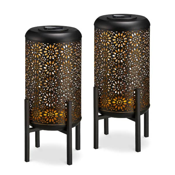 Glitzhome 14.25 in. H Black and Gold Metal Cutout Flower Pattern Solar Powered LED Outdoor Lantern with Stand (set of 2)