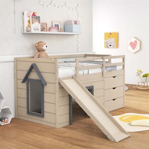 Beige Twin Wood Low Loft Bed with Slide Ladder Storage Drawers and Play Game Space