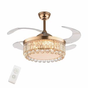 42 in. Gold Modern Crystal Integrated LED Indoor Retractable Blades Ceiling Fan with Remote Control
