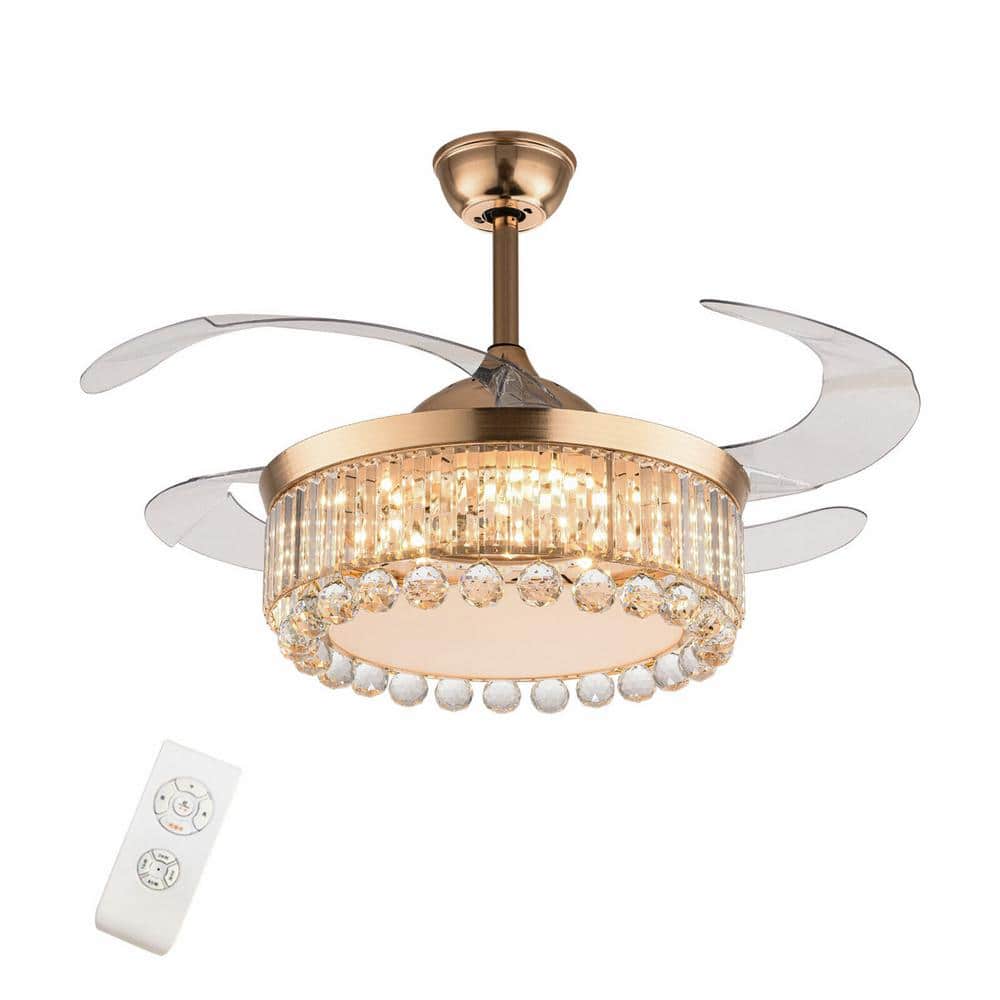 OUKANING 42 in. Gold Modern Crystal Integrated LED Indoor Retractable Blades Ceiling Fan with