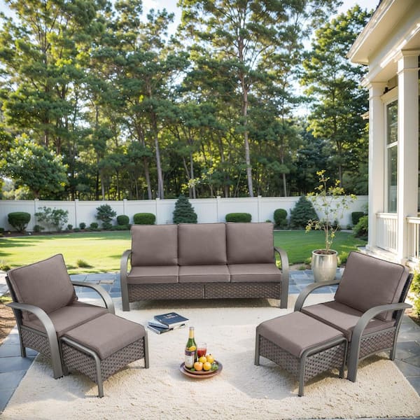 5-Piece Brown Wicker Patio Conversation Set with Gray Olefin Cushions and Lounge Chairs/Ottomans/Couch