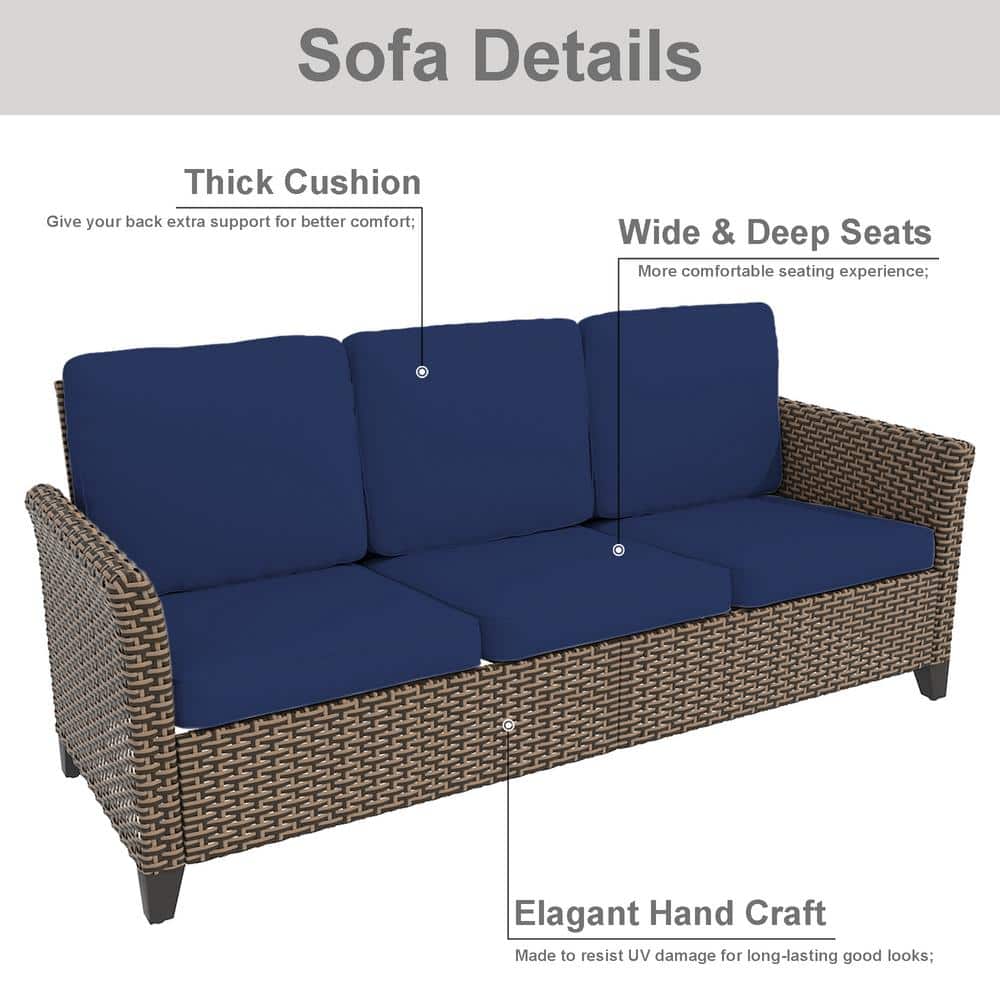 5-Piece Brown Wicker Patio Set with Blue Cushions