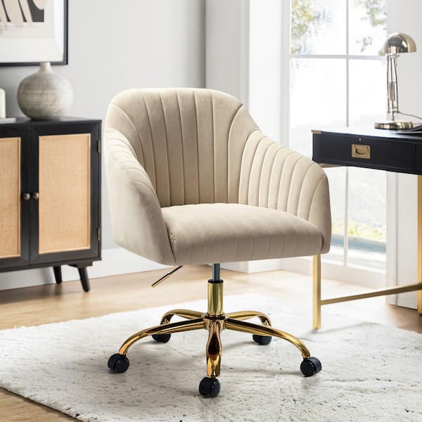 Sinda Modern Tan Velvet Swivel and Adjustable Task Chair with Gold Base