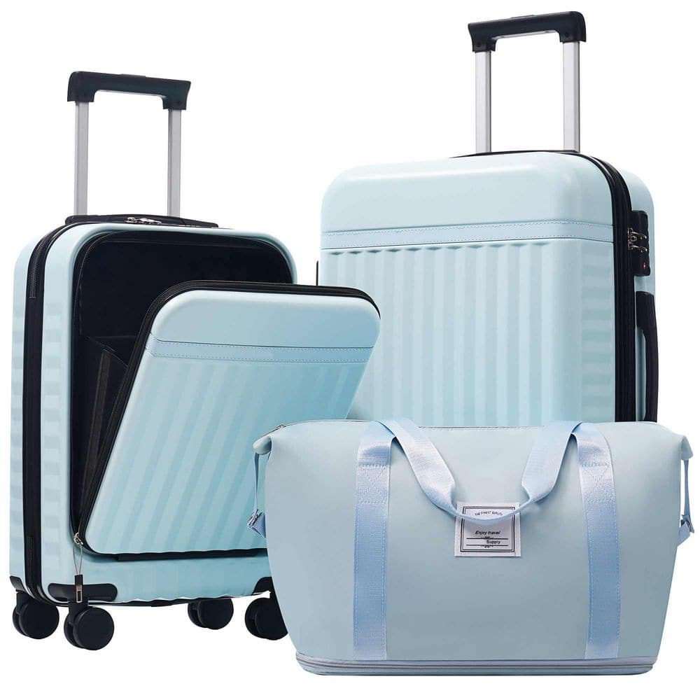 3-Piece Light Blue Hardside Spinner Luggage Set with USB Port, TSA Lock and Handle Bag