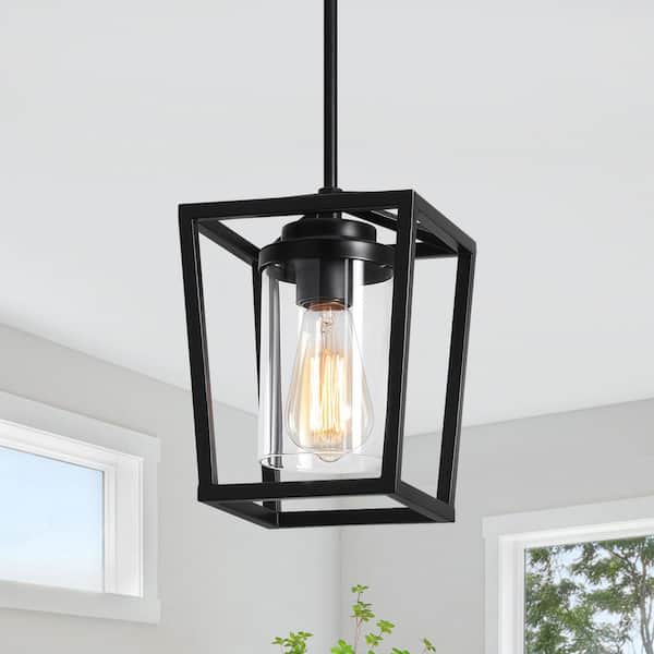 ZSMIHDOH 7 in. 1-Light Black Modern Farmhouse Cage Lantern Pendant with Clear Glass