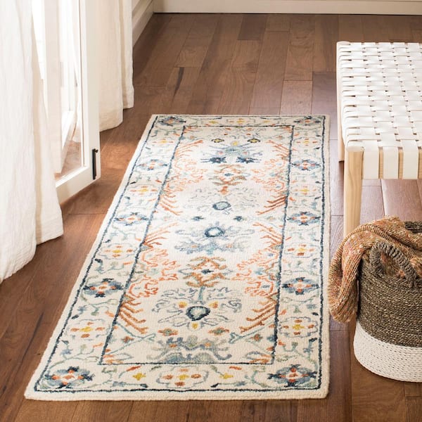 Aspen Ivory/Blue 2 ft. x 5 ft. Border Floral Geometric Runner Rug