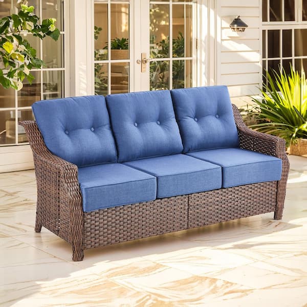 Modern Farmhouse 3-Seat Brown PE Wicker Outdoor Couch with 6 in. Olefin Blue Cushions/Wide Armrest