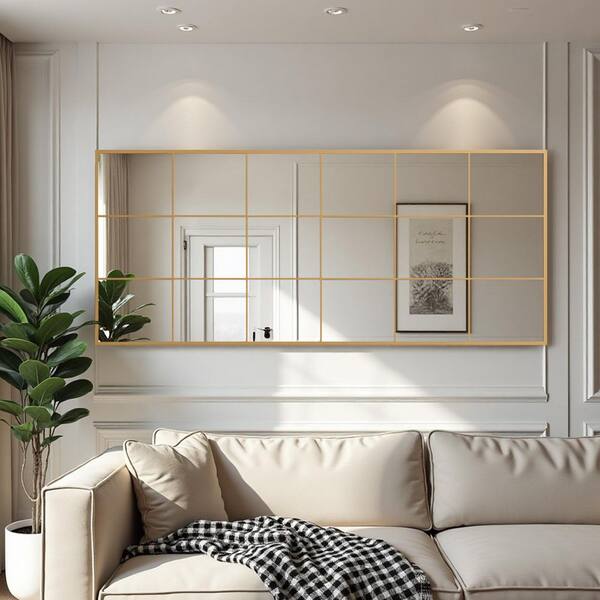 Gold 30 in. W x 69 in. H Right Angled Rectangle Iron Grid Full Length Mirror (No Bracket)