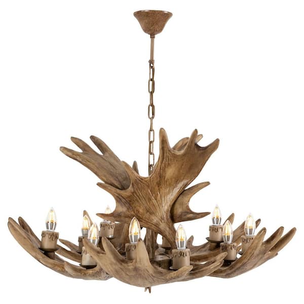 OUKANING 10-Light Brown Retro Deer Antler Chandelier for Living Room Kitchen Island with Adjustable Height, No Bulbs Included