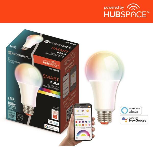 EcoSmart 100-Watt Equivalent Smart A21 Color Changing CEC LED Light Bulb  with Voice Control (1-Bulb) Powered by Hubspace 12A21100WRGBWH1 - The Home  Depot