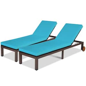 Black Wicker Outdoor Patio Rattan Adjustable Recliner Chaise Lounge Chair with Turquoise Cushion Wheels (2-Pack)