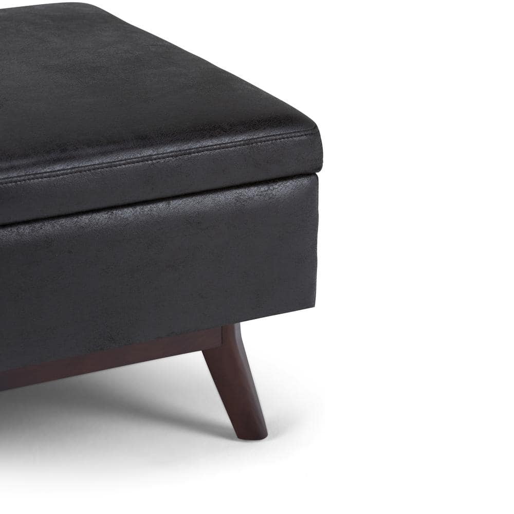 Mid-Century Modern Distressed Black Wood Rectangular Storage Ottoman