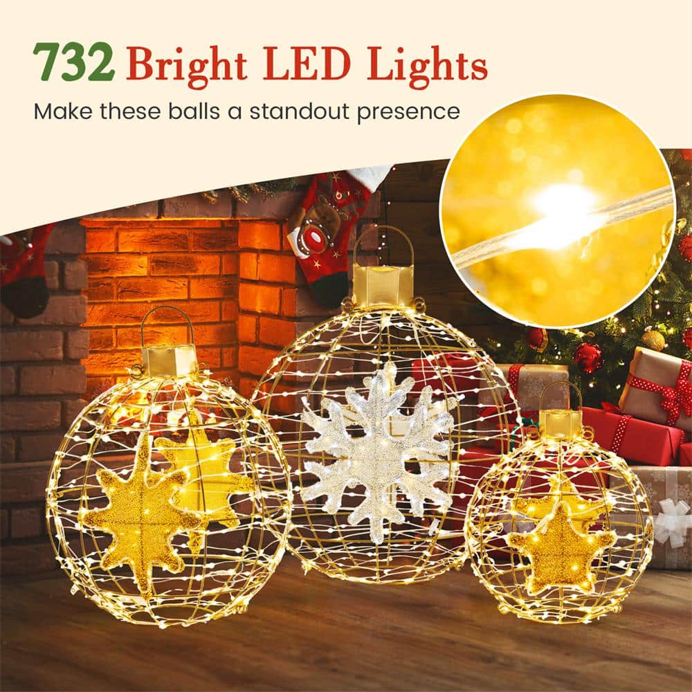 Gold Pre-Lit Christmas Lantern Balls with LED Lights, Set of 3
