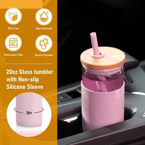 Wudkey Versatile 20 oz. Lightweight Spill-Proof Borosilicate Glass Tumbler with Bamboo Lid & Silicone Sleeve in Pink