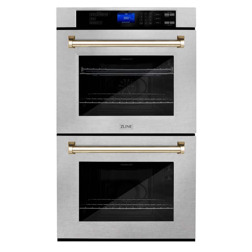 ZLINE Kitchen and Bath Autograph Edition 30 in. Double Electric Wall Oven with Polished Gold Handle in Fingerprint Resistant Stainless Steel, DuraSnow Stainless Steel & Polished Gold