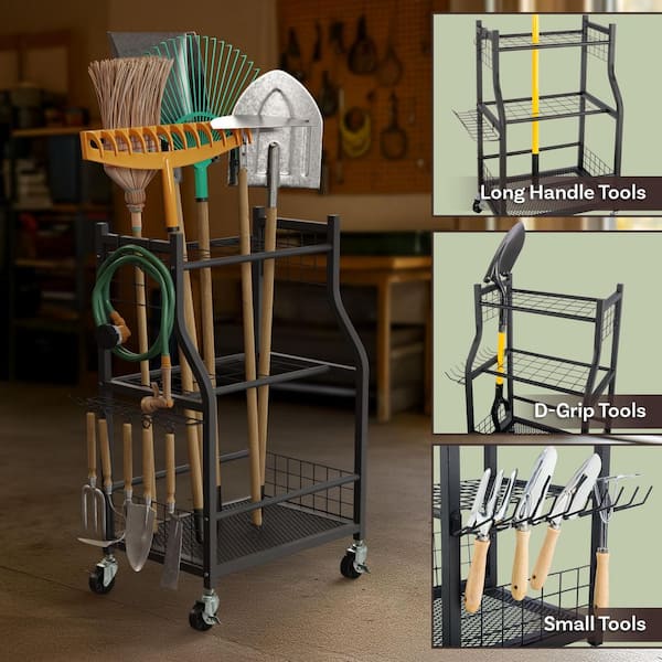 Pure Garden 3-Tier Black Steel Garage Garden Tool Organizer with