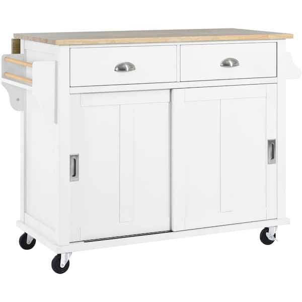 White Wood 50.3 in. Kitchen Island Set with Drop Leaf and 2