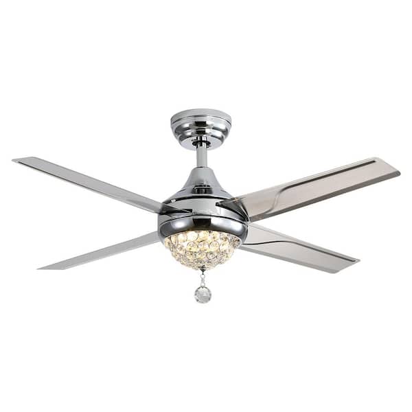 Jushua 48 in. Indoor Chrome Crystal Ceiling Fan with 3 Speed Wind 4 Iron Blades Remote Control AC Motor with Light