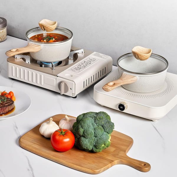 1.5 qt. Nonstick Saucepan, Aluminum Alloy, Tempered Lid, Detachable Handle, Induction Compatible, White