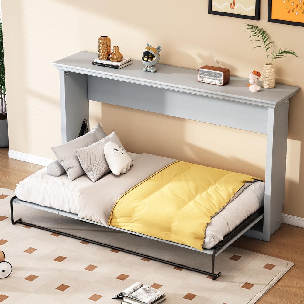 Gray Wood Frame Twin Size Murphy Bed Folding Wall Bed
