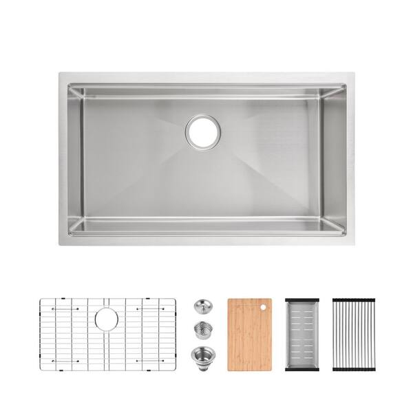 33 in. Undermount Single Bowl 18-Gauge Dark Gray Brushed Stainless Steel Kitchen Workstation Sink with Accessories