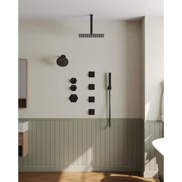 EVERSTEIN Rainfall 8-Spray Square 12 in. Shower System Shower Head with Handheld in Black (Valve Included)