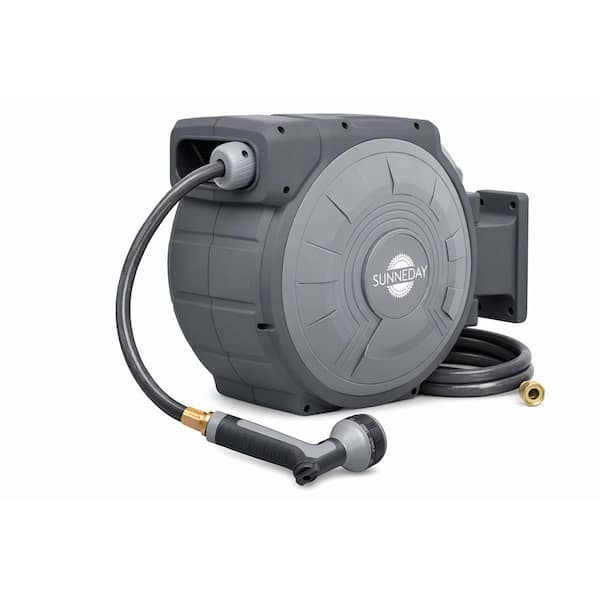 100ft Retractable Garden Hose Reel 5/8 with Slow Rewind, 180° Swivel, and Multipurpose Nozzle-Mounting Kit Included.