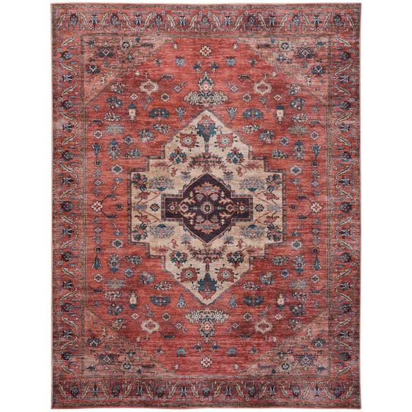 Nourison Machine Washable Brilliance Rust Multi 5 ft. x 7 ft. Center Medallion Traditional Area Rug