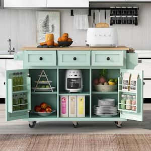 Blue Rubber wood 53 in. Kitchen Island Drop-Leaf Countertop Cabinet door internal storage racks 5-Wheels 3-Drawers