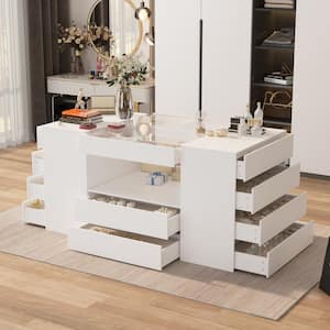 White Wood Free Standing 63 in. W Jewelry Armoire with Tempered Glass Top and 14 Drawers