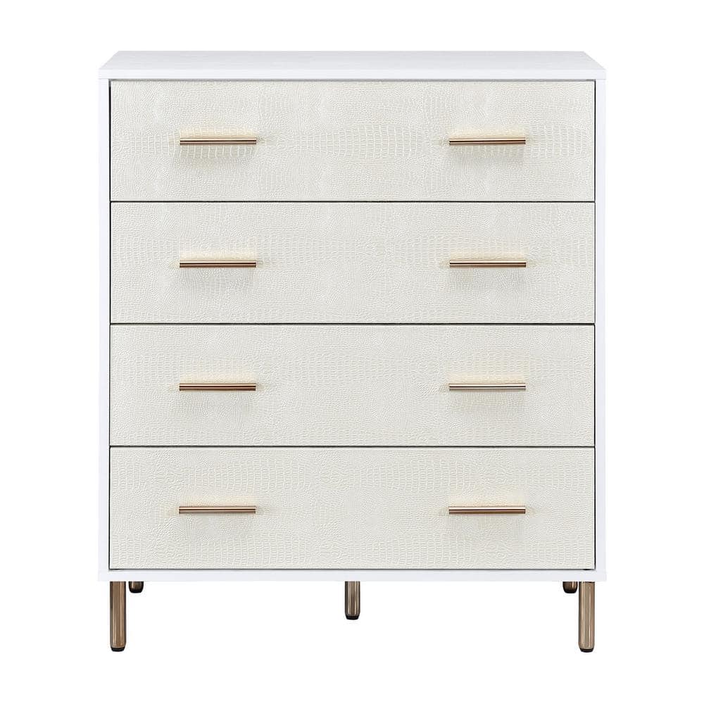 White and Gold 4-Drawer Chest with Crocodile Texture
