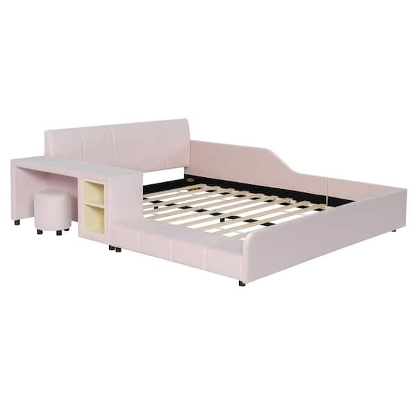 Pink Modern Luxury Wood Frame Queen Size Soft Velvet Upholstered Platform Bed with Bedside Desk and Round Stool