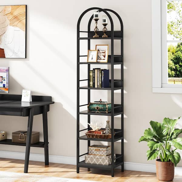 BYBLIGHT Eulas 78.7 in. Tall Black Wood 6-Shelf Etagere Bookcase with Metal Frame, Arched Bookshelf for Living Room