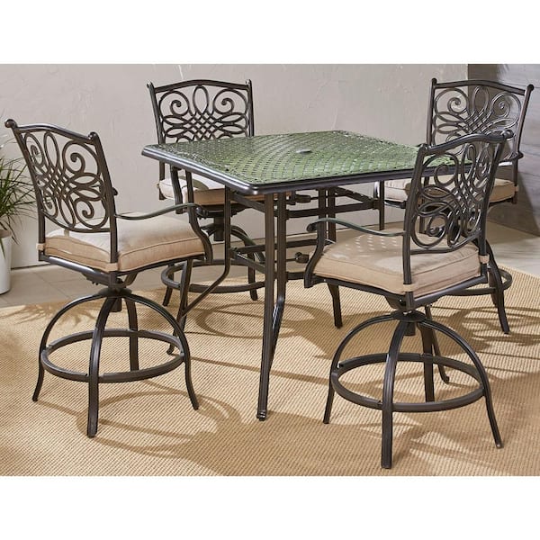 Hanover Traditions 5-Piece Aluminum Outdoor High Dining Set with Tan Cushions 4-Sling Swivel Chairs and Square Cast-Top Table