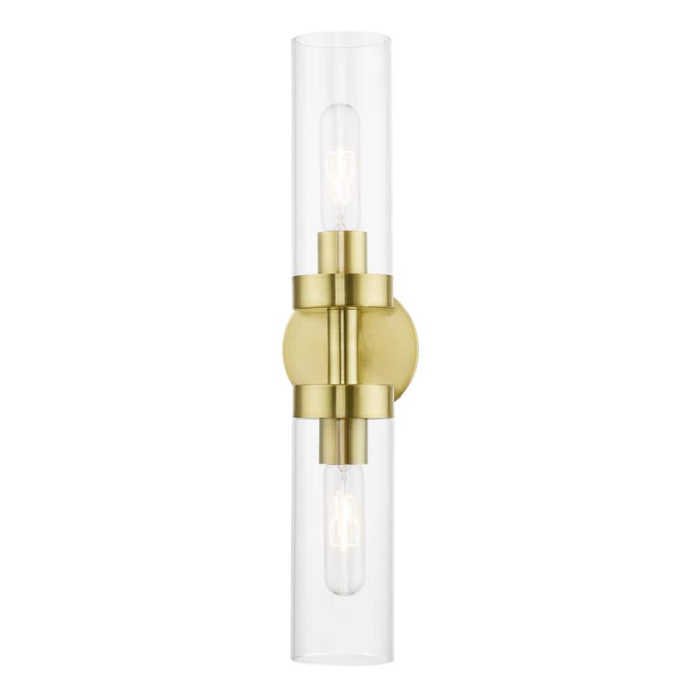 Ludlow Sleek Urban 2-Light Vanity Sconce in Satin Brass with Clear Glass