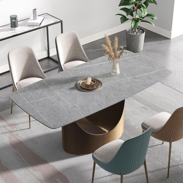 Magic Home 70.87 in. Grey Sintered Stone Rectangle Top Pedestal Bronze Carbon Steel Legs Dining Table (Seats 6)