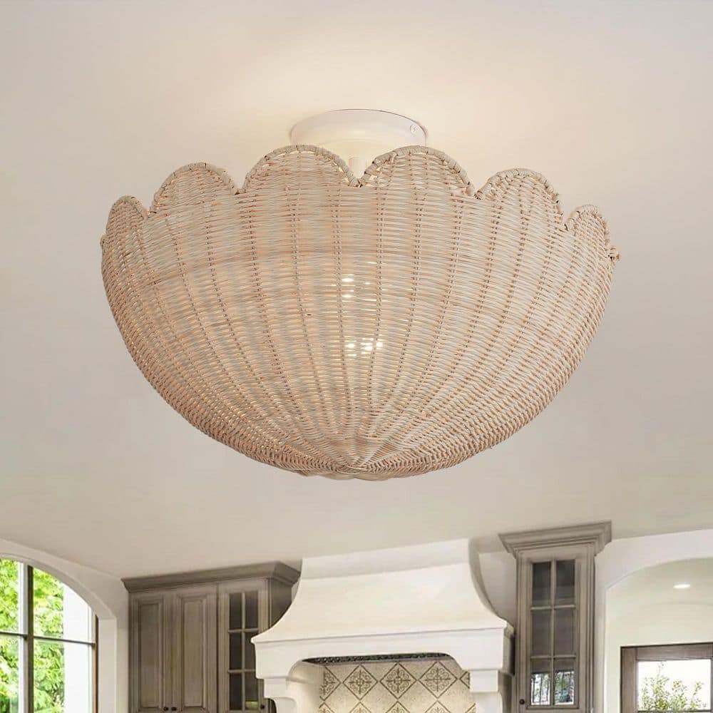 17.72 in. 2-Light White Farmhouse Chandelier Coastal Light Fixture Semi-Flush Mount Woven Rattan Ceiling Light Fixture price history on PriceWatchPro