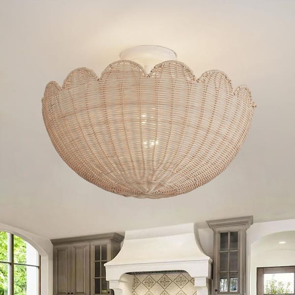 17.72 in. 2-Light White Farmhouse Chandelier Coastal Light Fixture Semi-Flush Mount Woven Rattan Ceiling Light Fixture