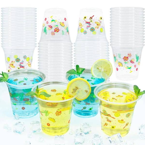 Fiesta Party Cups 50-Pack, 12 oz Clear Disposable Mexican-Theme Drinkware, 2 Styles for Cinco de Mayo