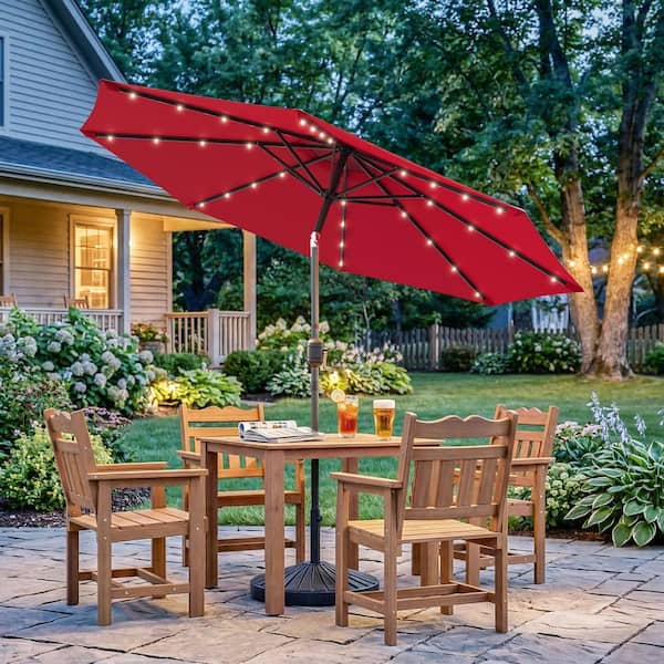 9ft led patio umbrella Sonkuki 9 ft. Solar Lighted LED Outdoor Patio Market Table Umbrella in Red, UV-Resistant Canopy and Tilt Button