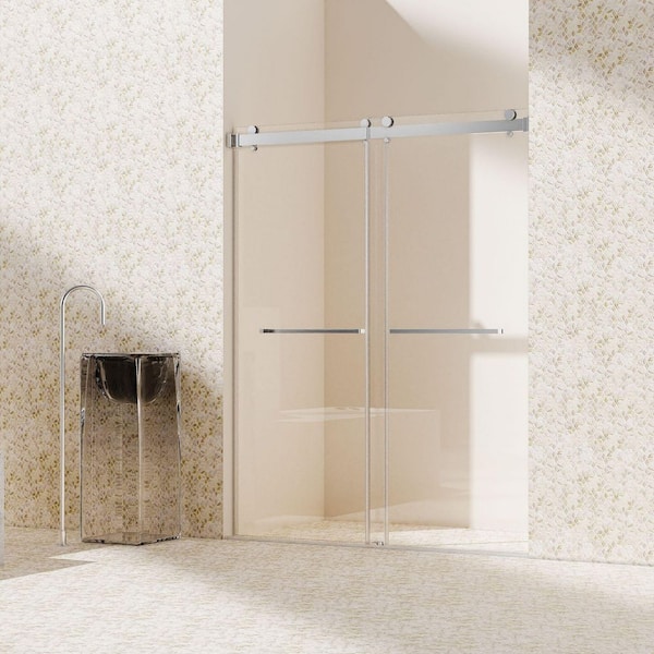 60 in. W x 76 in. H Double Sliding Frameless 3/8 in. SGCC Clear Tempered Glass Shower Door in Chrome, Reversible
