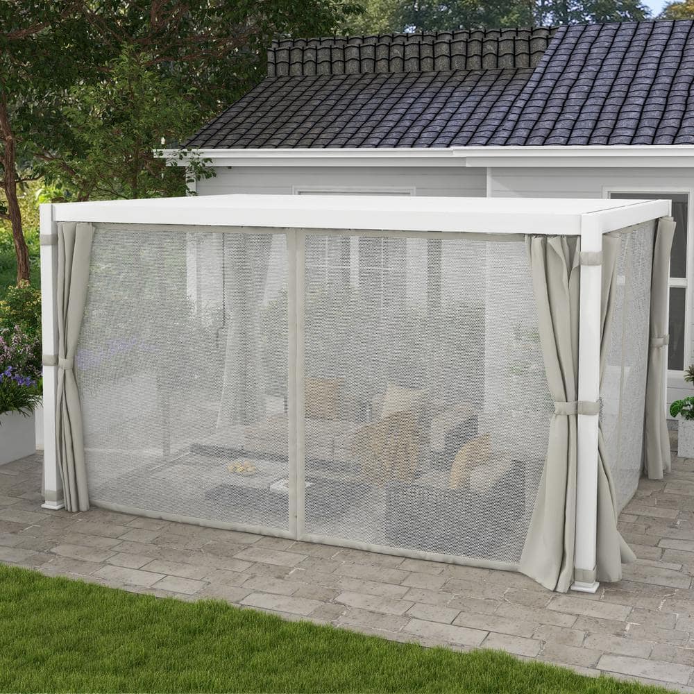 White Aluminum Outdoor Pergola with Adjustable Canopy and Curtains